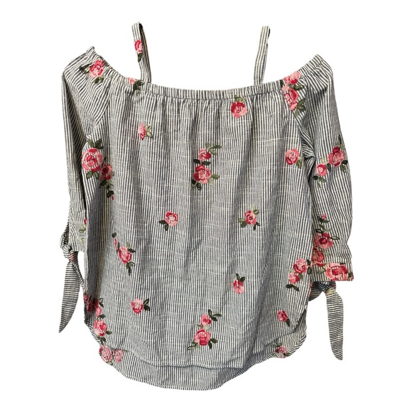 Soprano Blue White Stripe Floral Embroidered Cold Shoulder Top 100% Cotton - Picture 1 of 5